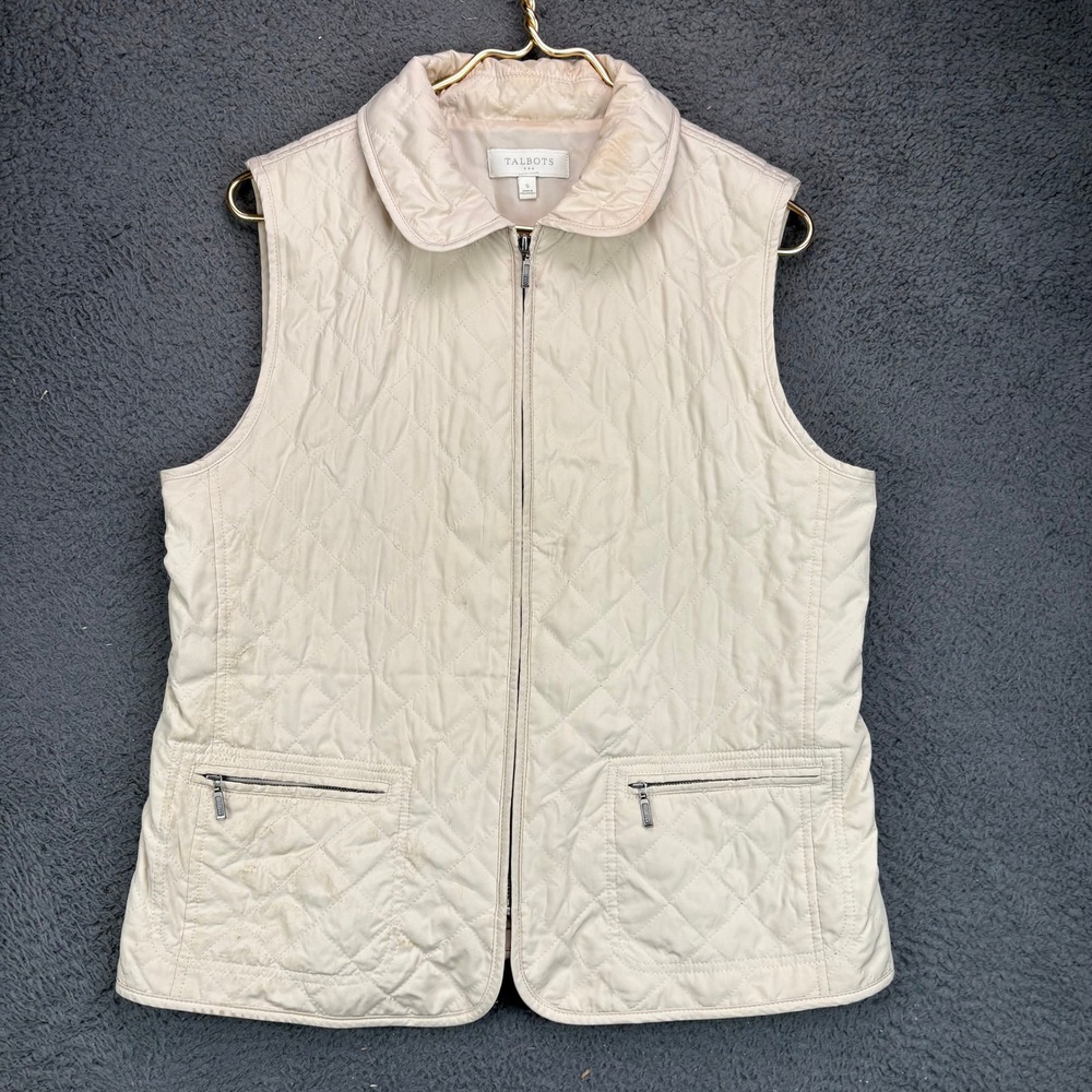 Talbots Womens Small Cream Quilted Full Zip Vest Sleeveless Jacket Pockets